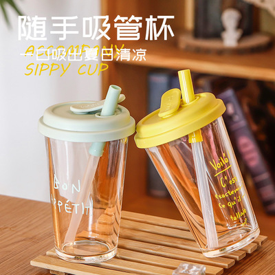 高颜值带盖翻口玻璃吸管杯