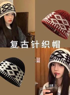 复古拼色菱格针织包头帽女保暖