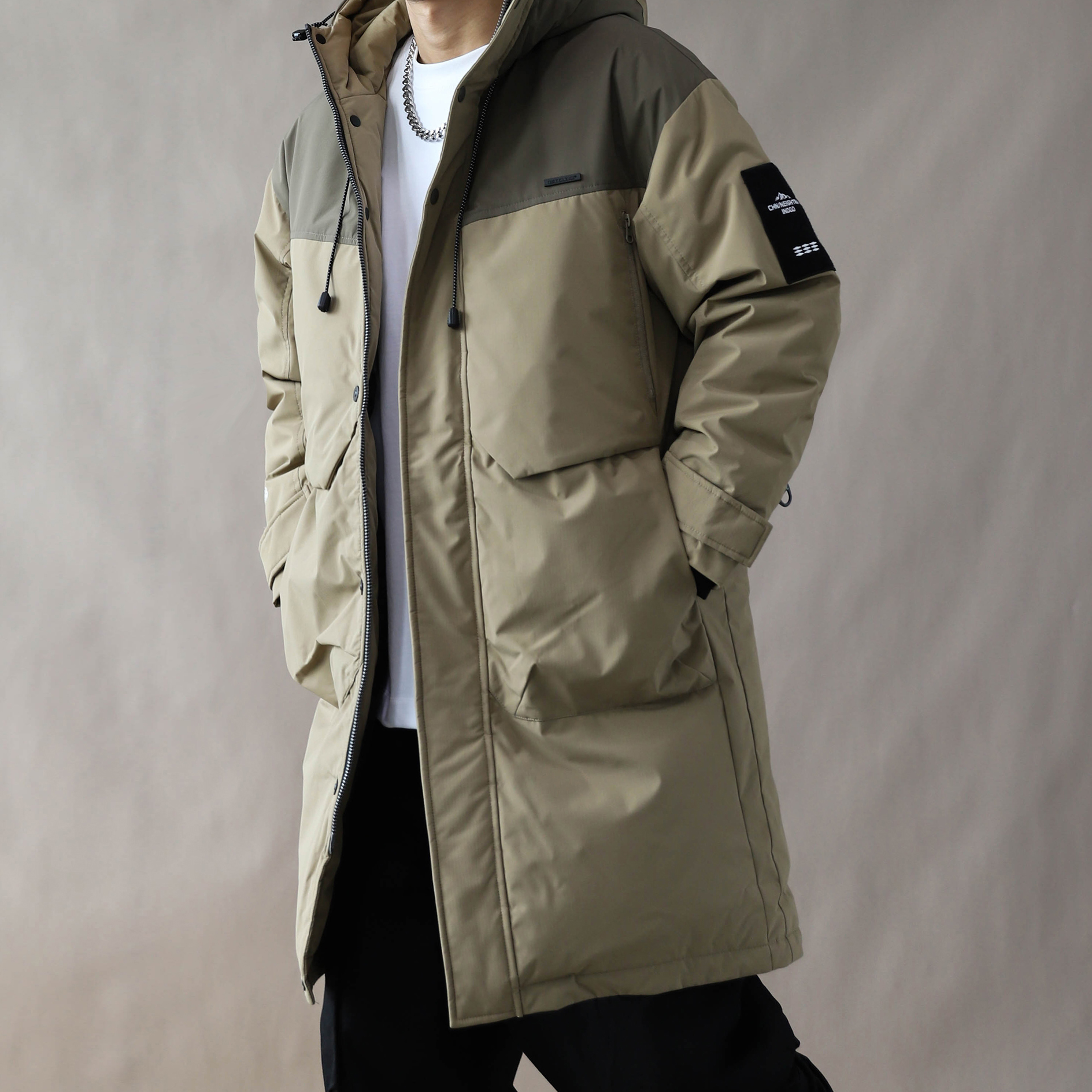 工装风连帽羽绒服男中长款过膝大码加厚防寒外套2025新款高级感