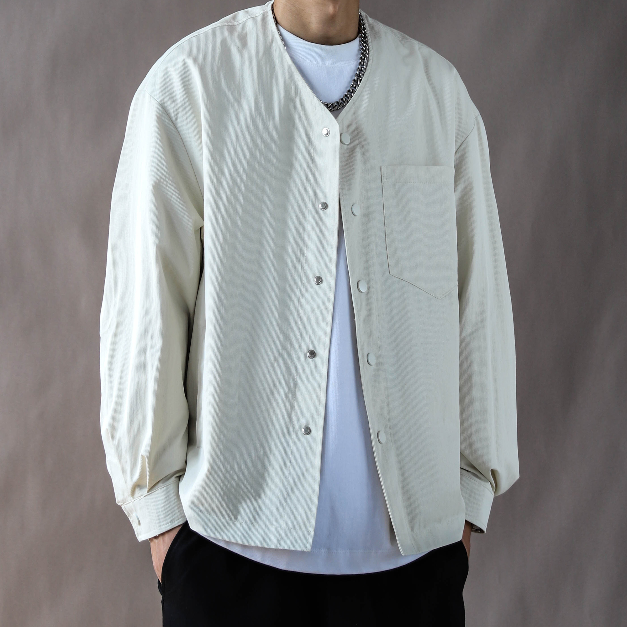 工装复古重磅夹克男春秋宽松休闲2025新款高街无领道袍外套白色