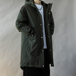 复古风连帽中长款羽绒服男宽松百搭军绿色鸭绒外套冬装保暖2025