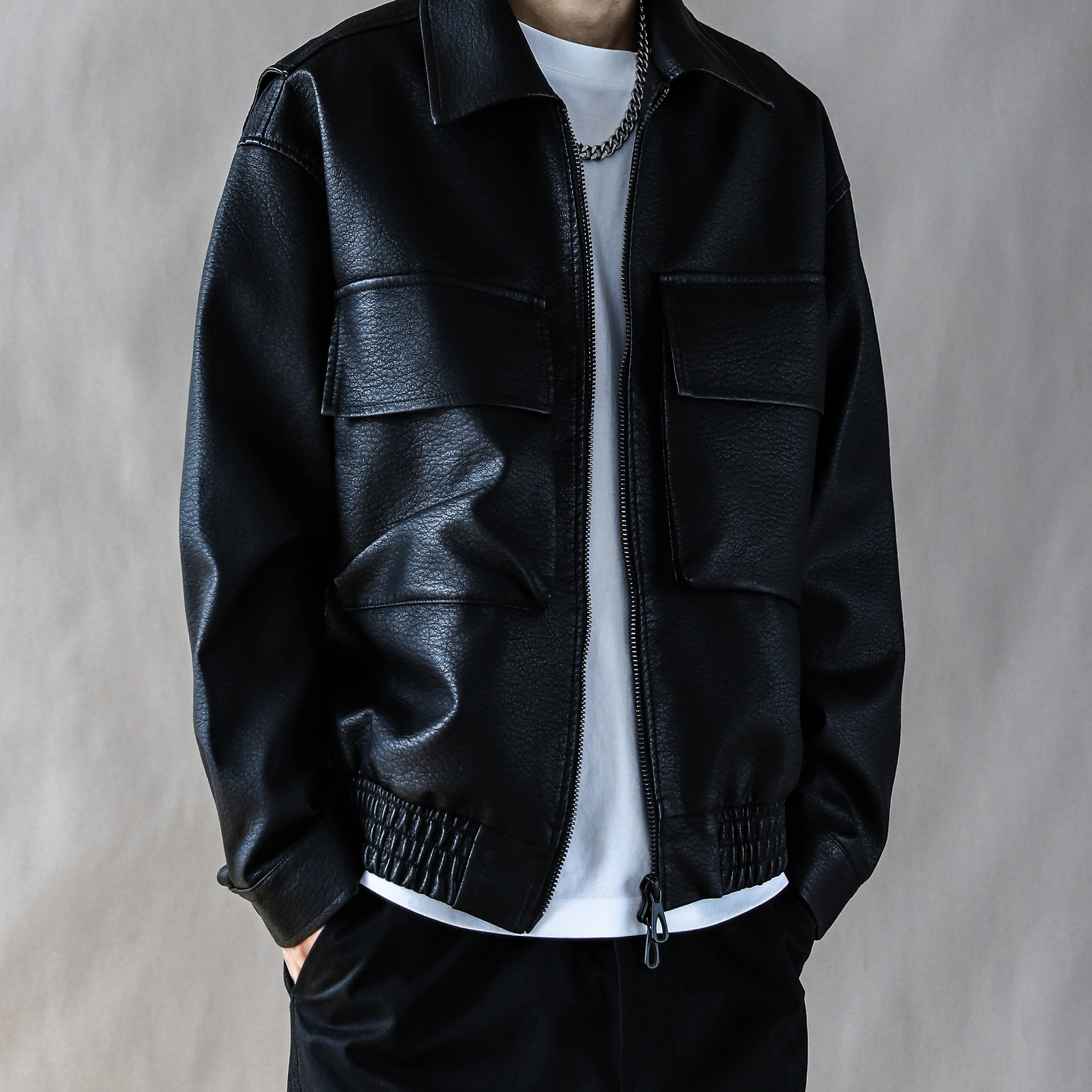 美式复古重磅皮衣外套男春秋宽松休闲2025新款PU机车皮夹克黑色