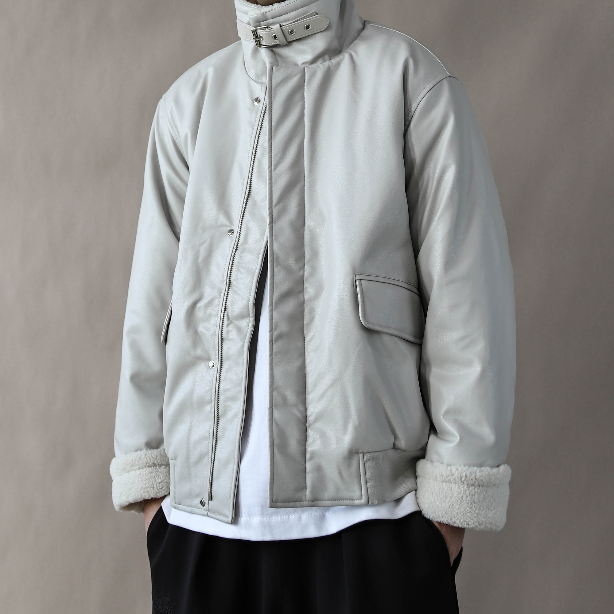 2025新款立领皮棉衣男宽松潮流痞帅机车风保暖外套青年米色羊羔绒