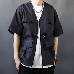 日系户外休闲运动无领机能风短袖衬衫复古灰男款工装半袖衬衫外套