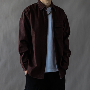 高街翻领外套酒红水洗 男春秋宽松休闲2025新款 美式 复古重磅衬衫