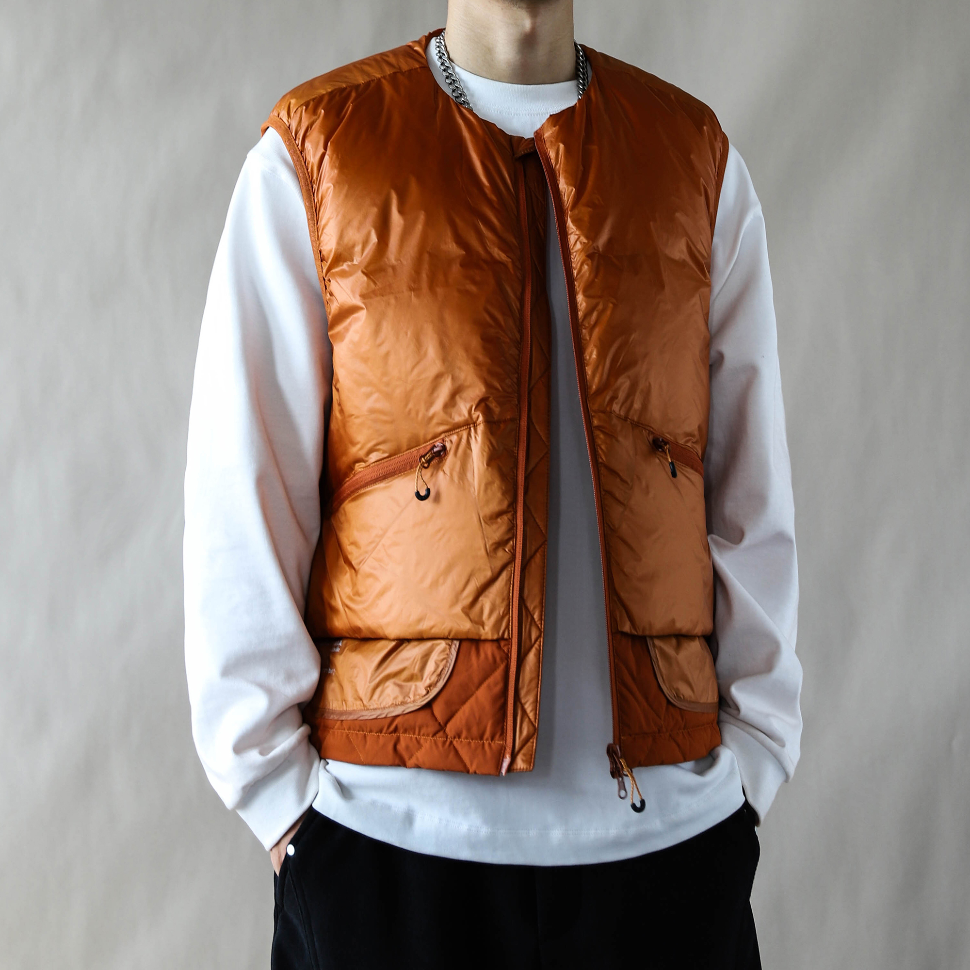 潮流工装口袋羽绒马甲男冬季保暖白鸭绒立领拉链背心无袖加厚橙色