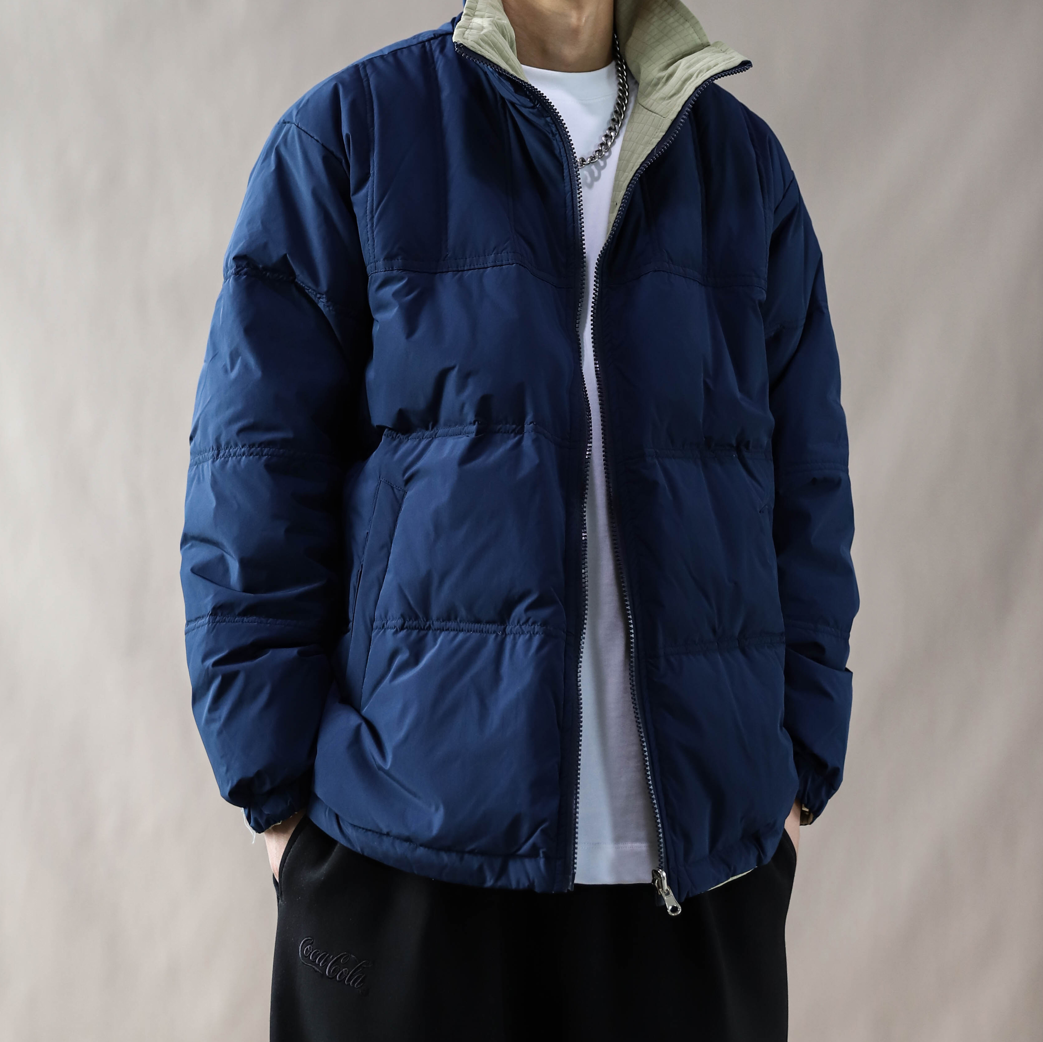 立领短款羽绒服男加厚保暖宽松外套深蓝色冬季防寒上衣两面穿2025