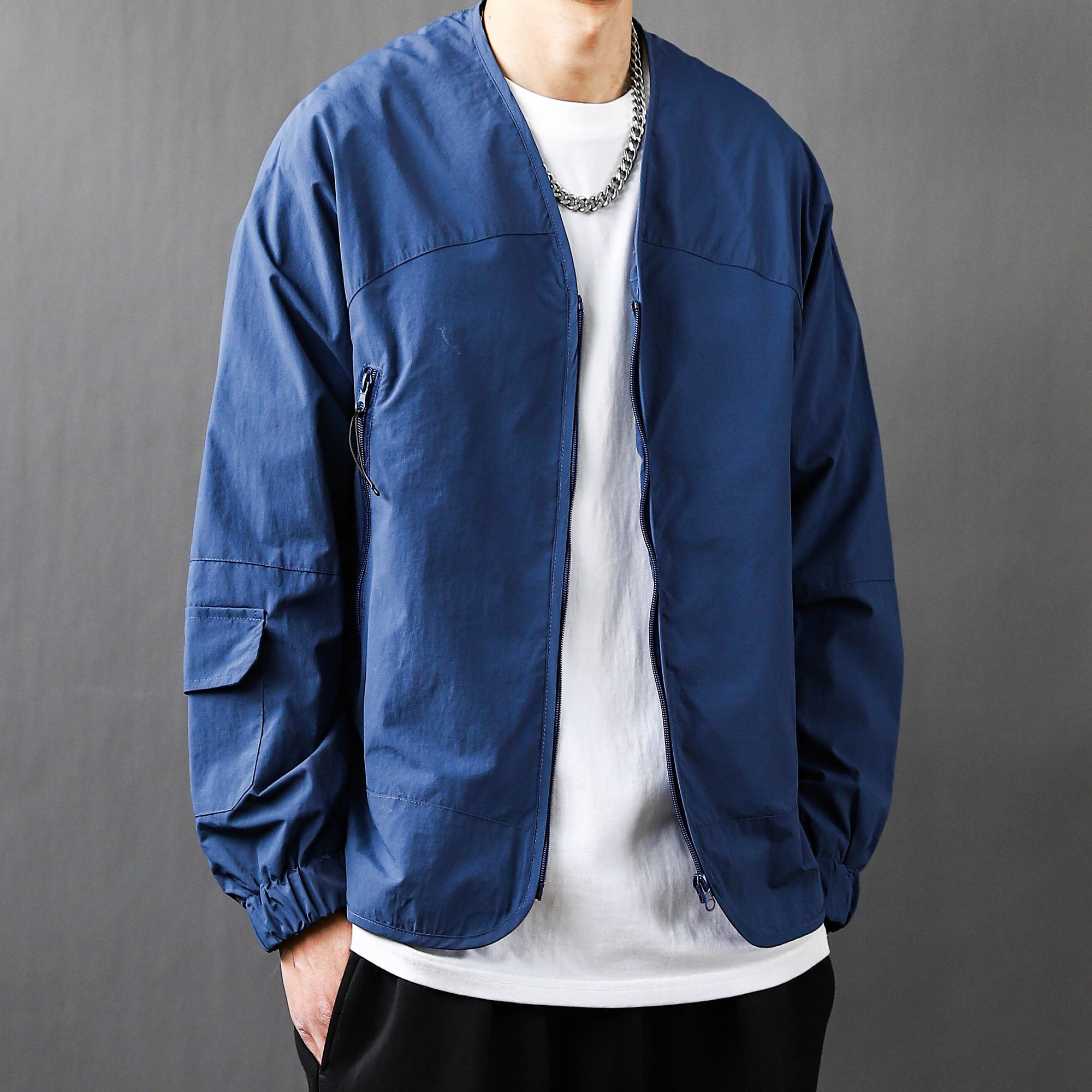 美式潮牌纯色V领开衫拉链宽松夹克男女道袍潮流外套2025春秋新款