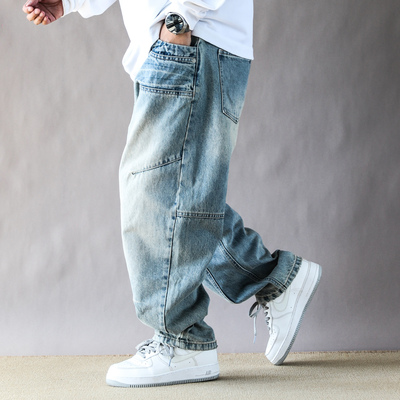 美式复古水洗牛仔裤男春秋季2025新款宽松大码垂感潮牌阔腿休闲裤