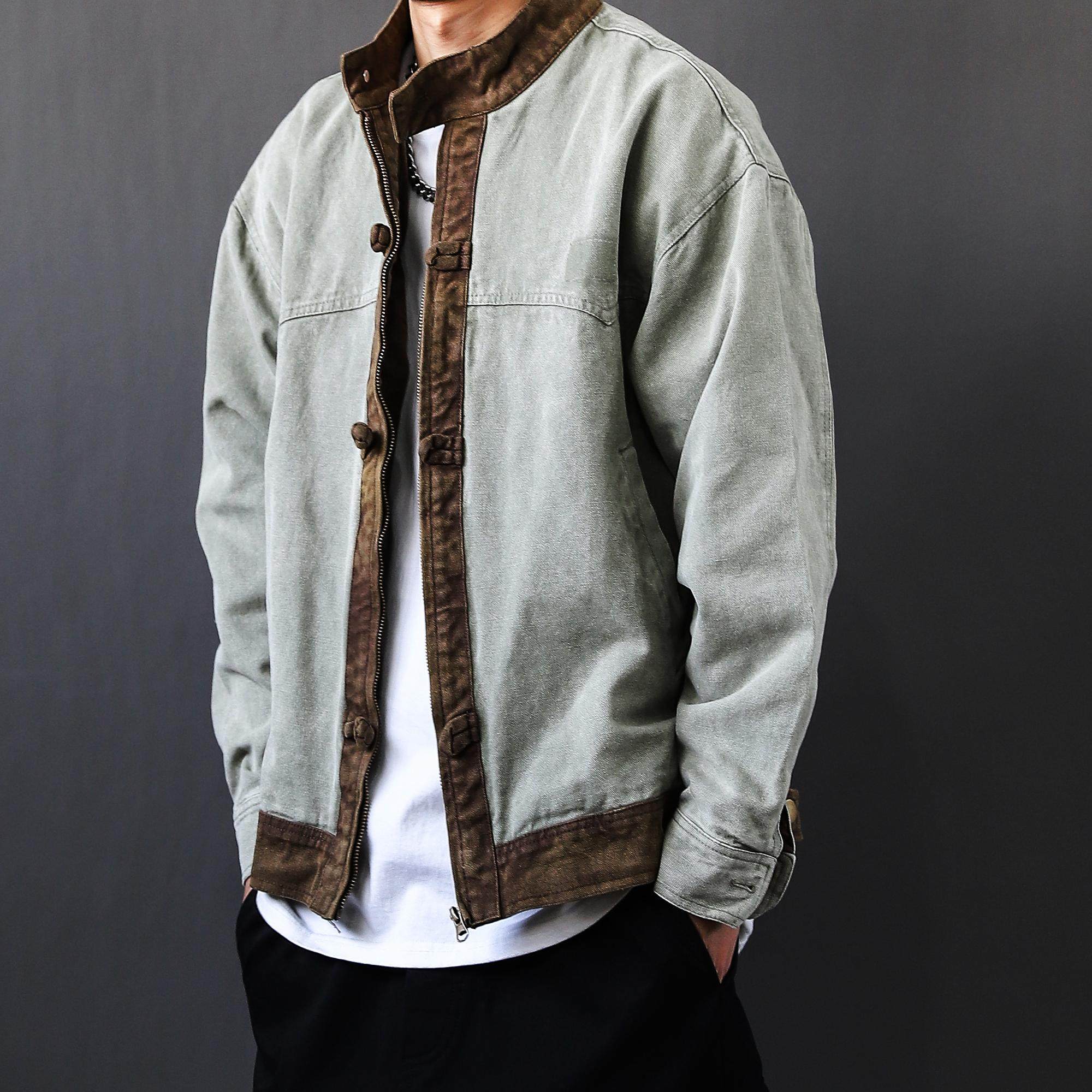 国潮设计感盘扣立领短宽版外套2025春季新中式重磅工装夹克衫男潮,男装,夹克,淘宝优惠券,粉丝福利购,淘宝优惠卷