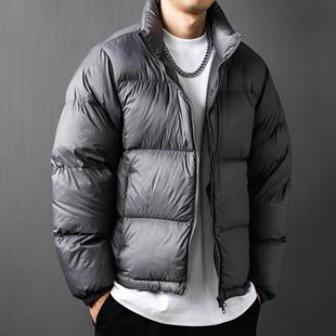 90白鸭绒羽绒服外套男亮面2024秋冬美式立领加厚宽松深灰大码简约
