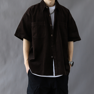美式复古短袖衬衫男高级感痞帅男装2025新款咖啡色衬衣宽松半袖