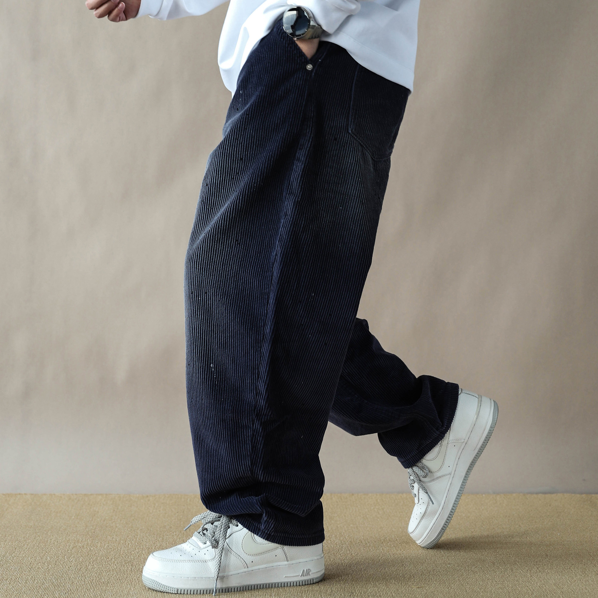 简约复古灯芯绒直筒裤男宽松休闲长裤藏青2025新款长裤子水洗做旧
