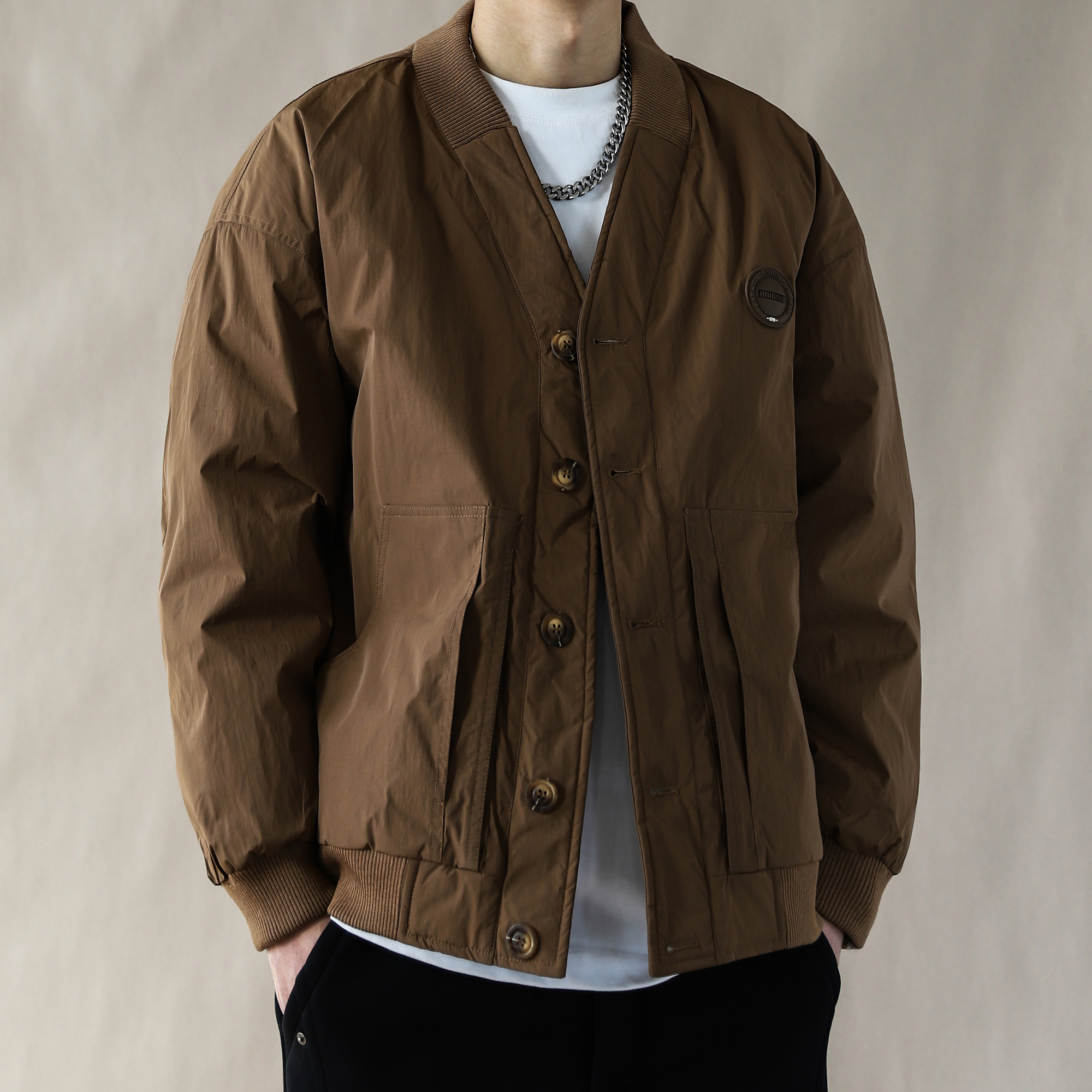 复古风90绒羽绒服男咖啡色棒球领宽松轻薄保暖外套道袍小众设计感