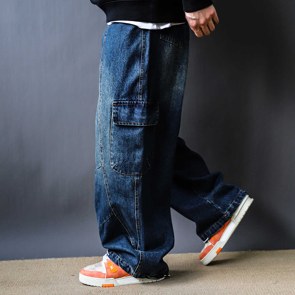 春秋新款复古蓝色多口袋休闲牛仔裤男潮牌宽松大码工装直筒长裤子