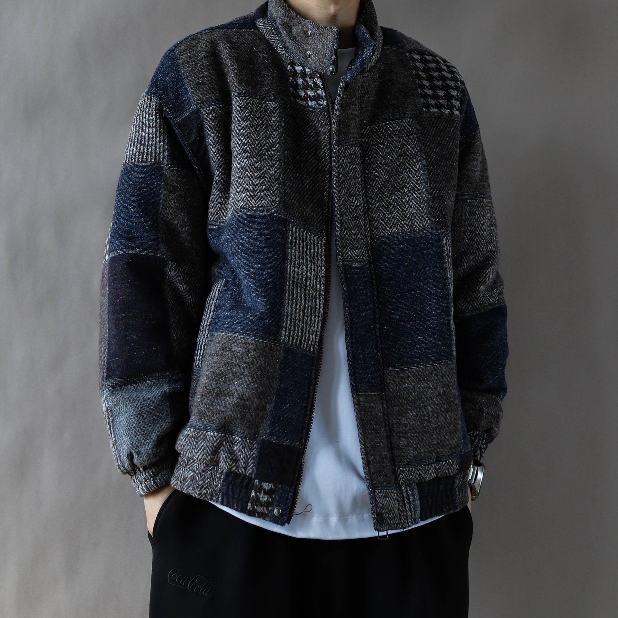 日系复古民族风立领拼接棉衣男加厚宽松外套冬季棉服2025格子蓝色