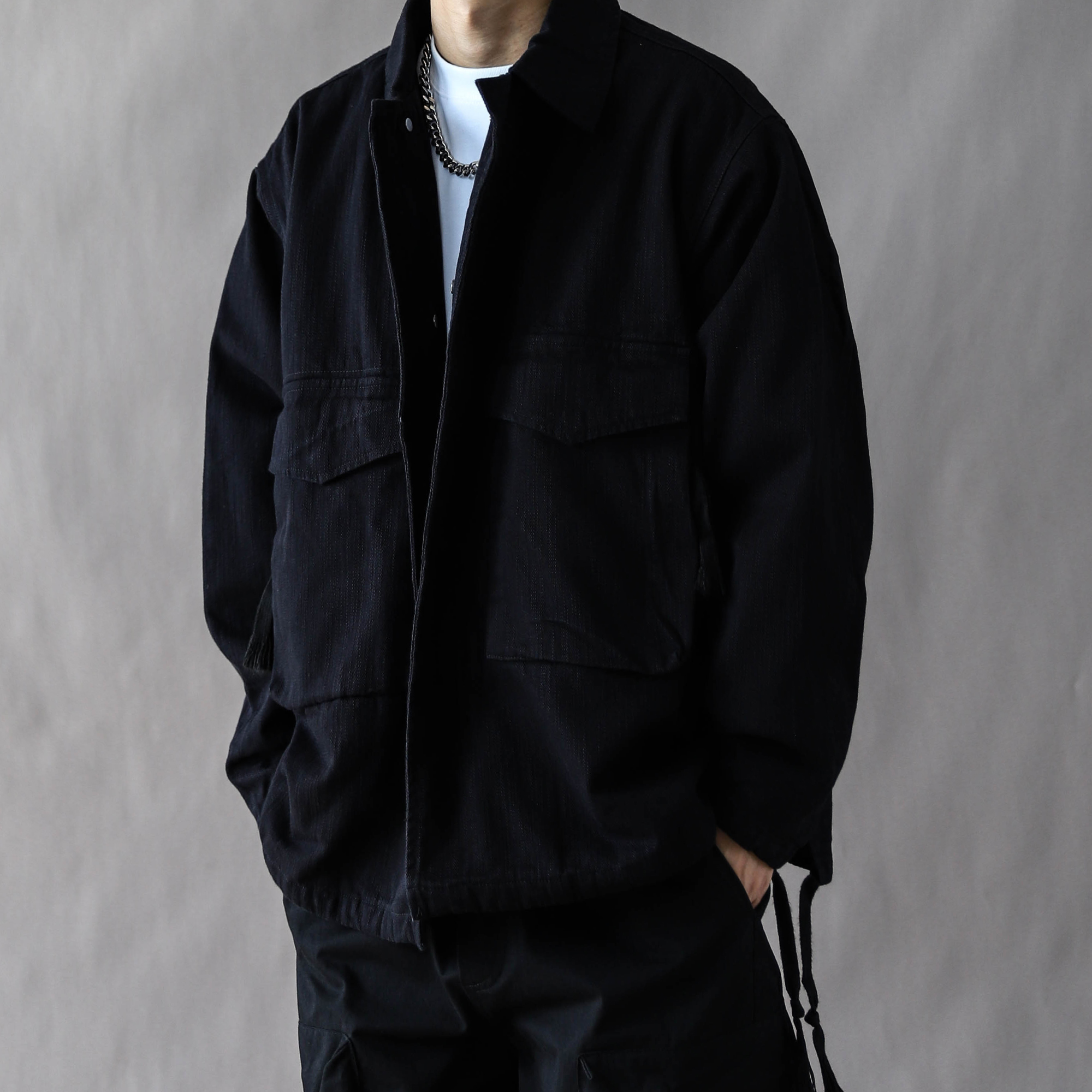 美式复古重磅夹克男春秋宽松休闲2025新款长袖外套做旧翻领黑色