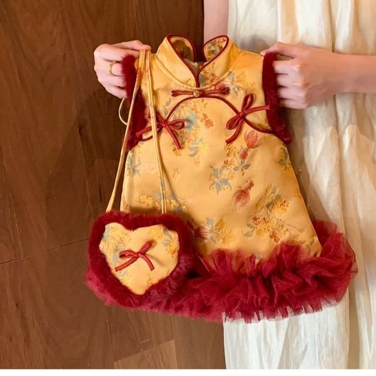 女童旗袍背心连衣裙秋冬春儿童无袖公主女孩中国风加绒加厚拜年服