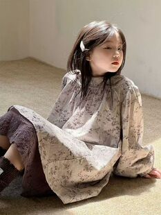 女童连衣裙春秋中大儿童蕾丝边碎花公主裙泡泡袖森系日系连衣长裙