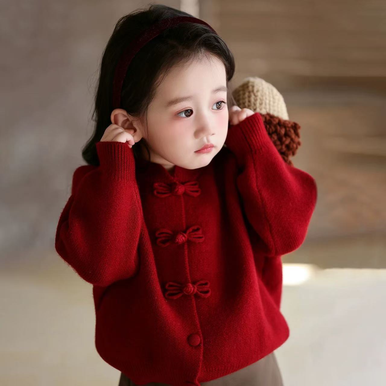 女童针织衫毛衣秋冬春新中式保暖针织开衫外套洋气上衣盘扣拜年服