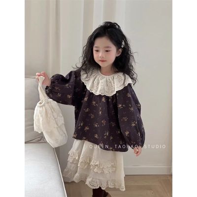 女童套装碎花长袖娃娃衫春秋宝宝洋气蕾丝大翻领衬衫半身裙两件套
