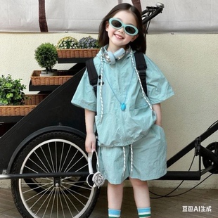 女童夏潮酷工装套装儿童洋气时髦宽松糖果色防晒短袖短裤两件套装