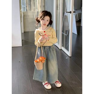 女童春秋套装女宝连帽卫衣牛仔阔腿裤洋气多巴胺森系休闲两件套装