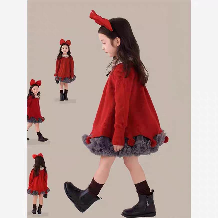 女童毛衣生日儿童春秋冬夏新年拜年圣诞服突突裙子针织衫两件套装