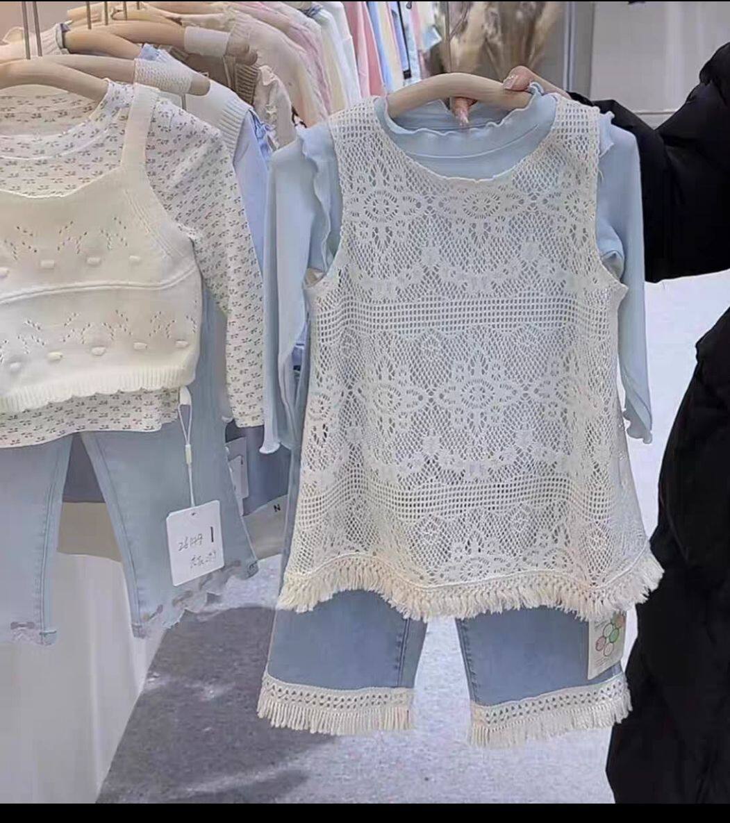 春季女童镂空背心连衣裙儿童森系日系罩衫内搭打底衫叠穿两件套装