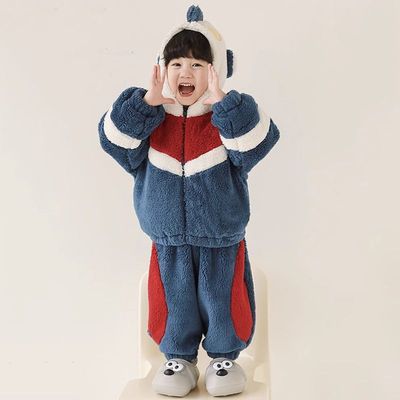 儿童睡衣男童秋冬春季珊瑚绒加厚女孩法兰绒分体奥特曼家居服套装