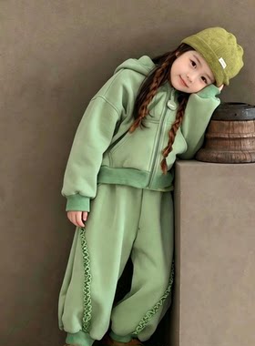 女童秋冬木耳花边加绒连帽套装春韩版儿童宽松外套休闲裤甜酷套装
