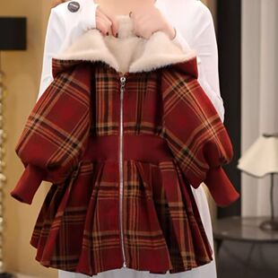 女童毛呢外套红色格子连帽儿童秋冬春保暖加绒圣诞拜新年服棉衣袄