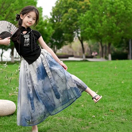 女童马面裙夏季新中式千字文汉服套儿童国风盘扣短袖马面裙两件套