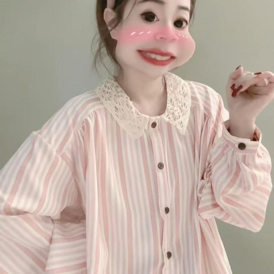 【粉条纹衬衫】甜美风气质减龄长袖衬衫女