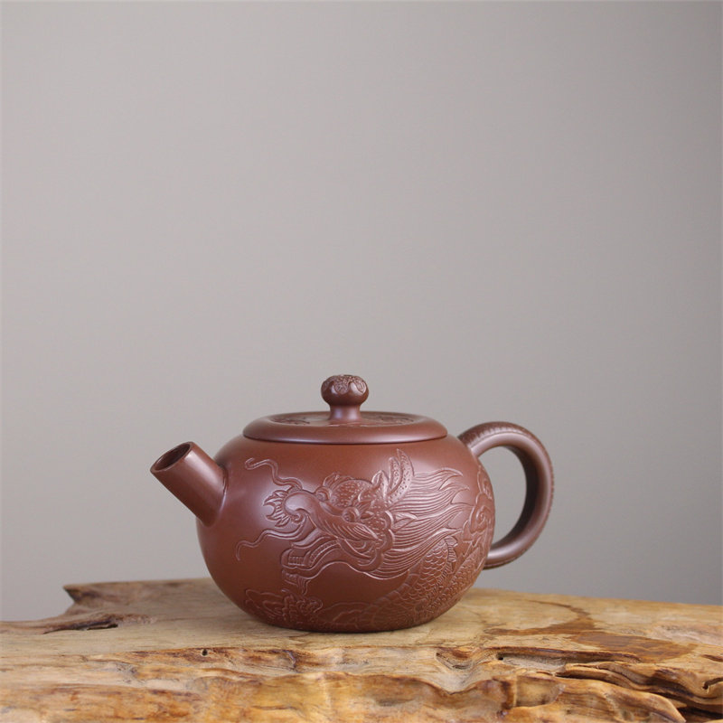 钦州茶杯茶水坭兴陶浮雕炮嘴壶上官清吉制壶黎昌权雕刻龙生肖茶壶