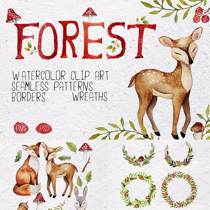 手绘水彩秋天花卉植物动物小鹿狐狸蘑菇松果剪贴画PNG免抠素材图
