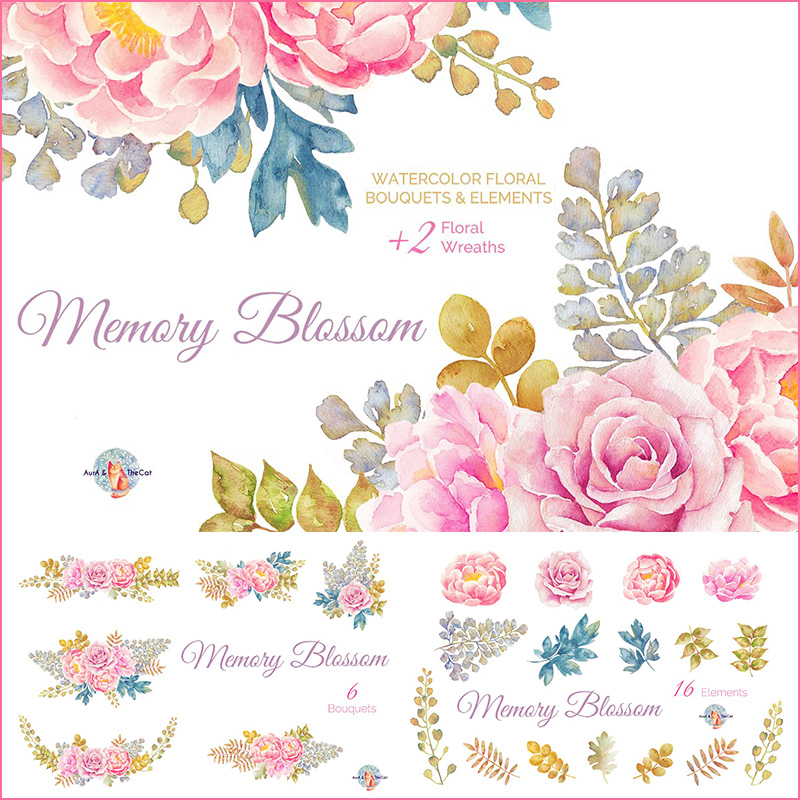 手绘水彩花朵粉色牡丹花卉枝叶DIY背景设计png免抠平面设计素材图