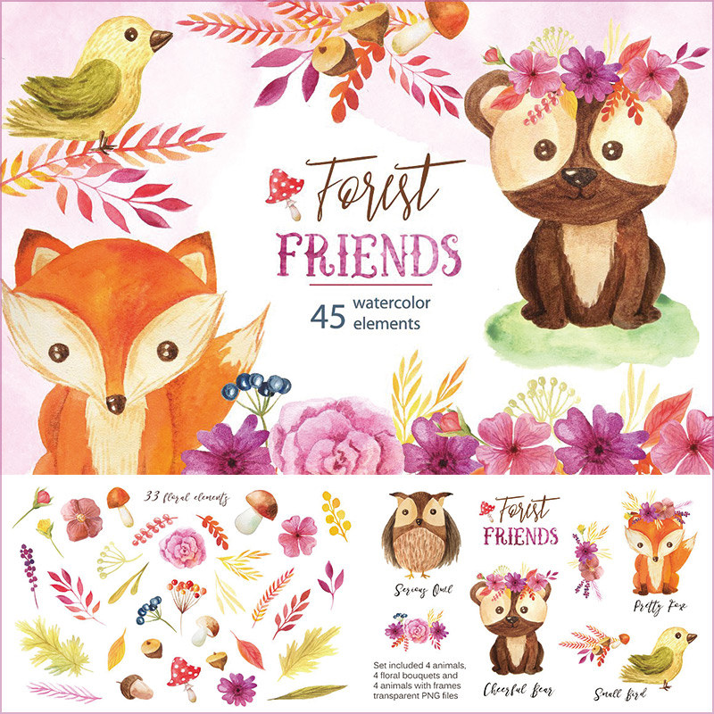 手绘水彩森林狐狸浣熊小鸟蘑菇秋季卡片背景DIY设计PNG免抠素材图