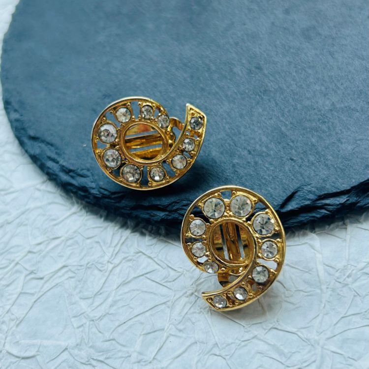 vintage 古着 复古老首饰 Ewin Pearl 镂空 莱茵石 几何 耳夹