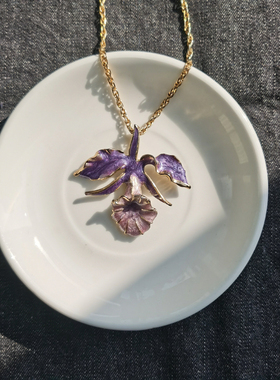 vintage 古着 复古 古董 老首饰 紫色 珐琅 喇叭花 项链 毛衣链