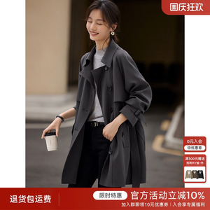 XWI欣未英伦风高级感灰色长款风衣外套女秋腰带收腰显瘦穿搭上衣