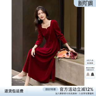 XWI欣未圣诞穿搭红色赫本风小方领连衣裙女秋冬收腰显瘦气质长裙