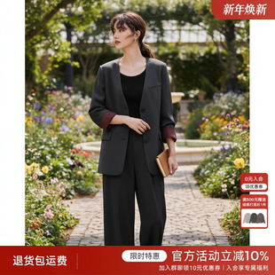 无领西服直筒裤 女秋新款 两件套 套装 XWI欣未气质通勤撞色拼接西装