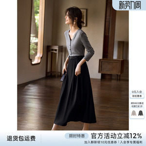 XWI欣未时尚拼色设计感假两件连衣裙女秋季新款修身显瘦气质长裙