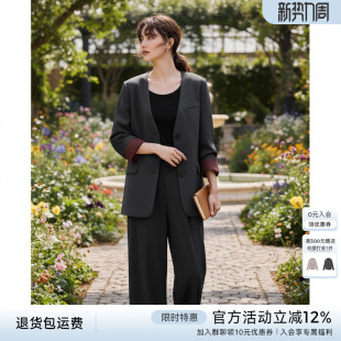 无领西服直筒裤 女秋新款 两件套 套装 XWI欣未气质通勤撞色拼接西装