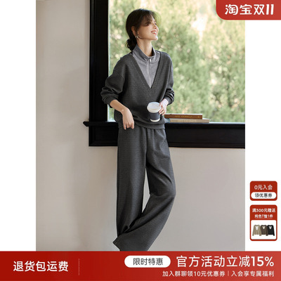 XWI欣未设计感休闲撞色拼接套装女2024冬季慵懒风初冬搭配一整套