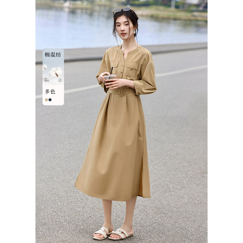 XWI欣未工装风通勤复古连衣裙女2025年夏季宽松收腰显瘦衬衫裙