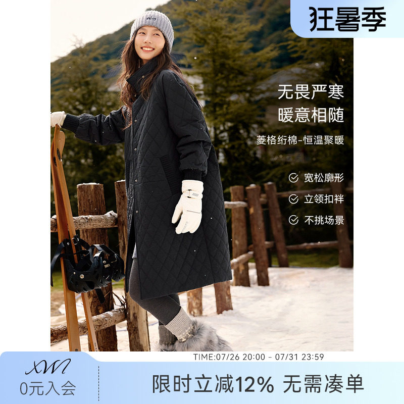 XWI欣未休闲显瘦保暖菱格绗棉棉服女冬季宽松立领中长款棉衣外套