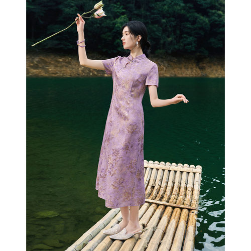 XWI欣未新中式国风烟紫色连衣裙女夏修身显瘦漂亮水墨印花旗袍裙