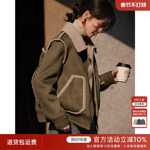 XWI欣未通勤简约拼接撞色皮毛一体外套女秋冬麂皮绒加厚夹克外套